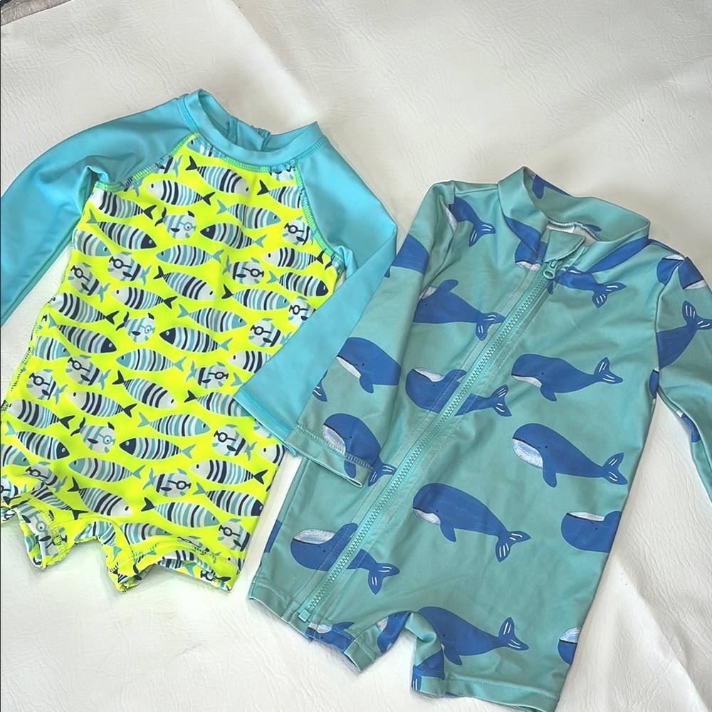 Infant Swimwear rash guards one piece Set of 2 - Fish and Whale Designs 6mo